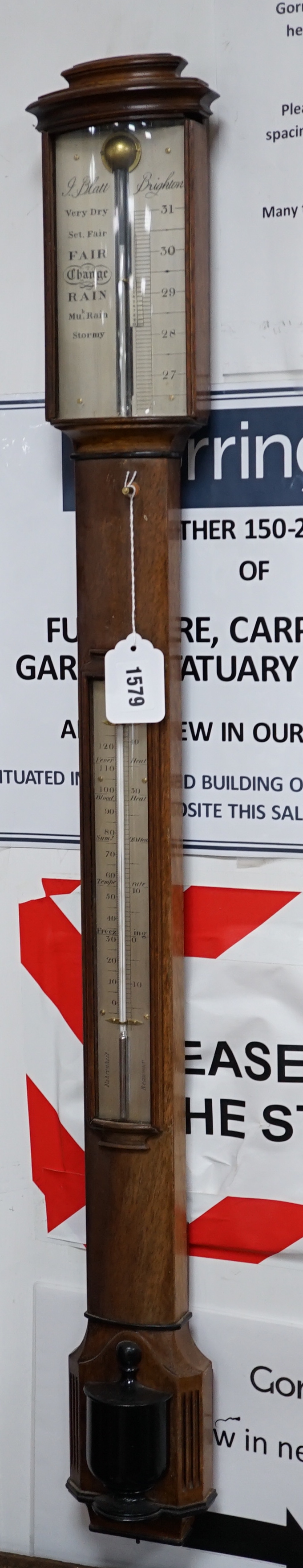 A Regency style mahogany stick barometer with silvered dial signed, J Blatt, Brighton, height 97cm